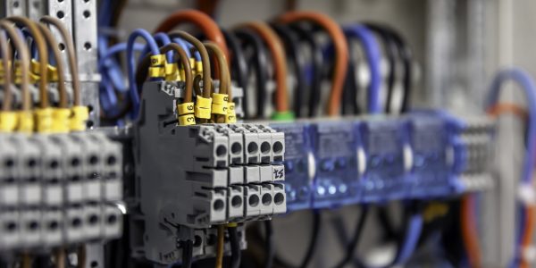 electrical panel with fuses and contactors, close up.
